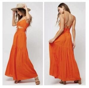 L*Space Orange Zuri Maxi Dress Size Medium Orange Red Cutout Tie Back